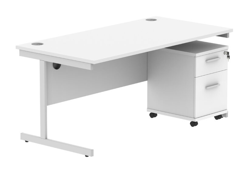 Single Upright Rectangular Desk + 2 Drawer Mobile Under Desk Pedestal | 1600 X 800 | Arctic White/Silver