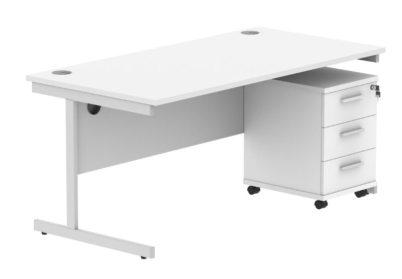 Single Upright Rectangular Desk + 3 Drawer Mobile Under Desk Pedestal | 1600 X 800 | Arctic White/Silver