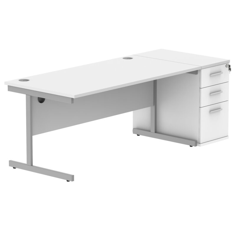 Single Upright Rectangular Desk + Desk High Pedestal | 1600 X 800 | Arctic White/Silver