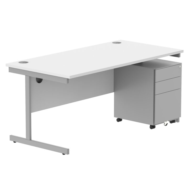 CORE Single Upright Rectangular Desk + Under Desk Steel Pedestal 3 Drawers | 1600 X 800 | Arctic White/Silver