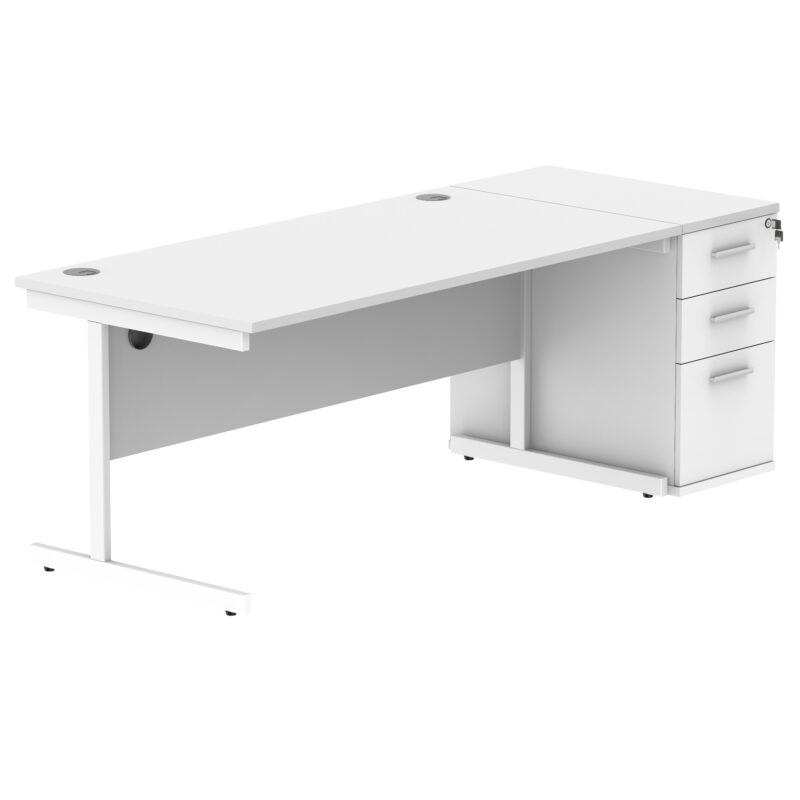 Single Upright Rectangular Desk + Desk High Pedestal | 1600 X 800 | Arctic White/White