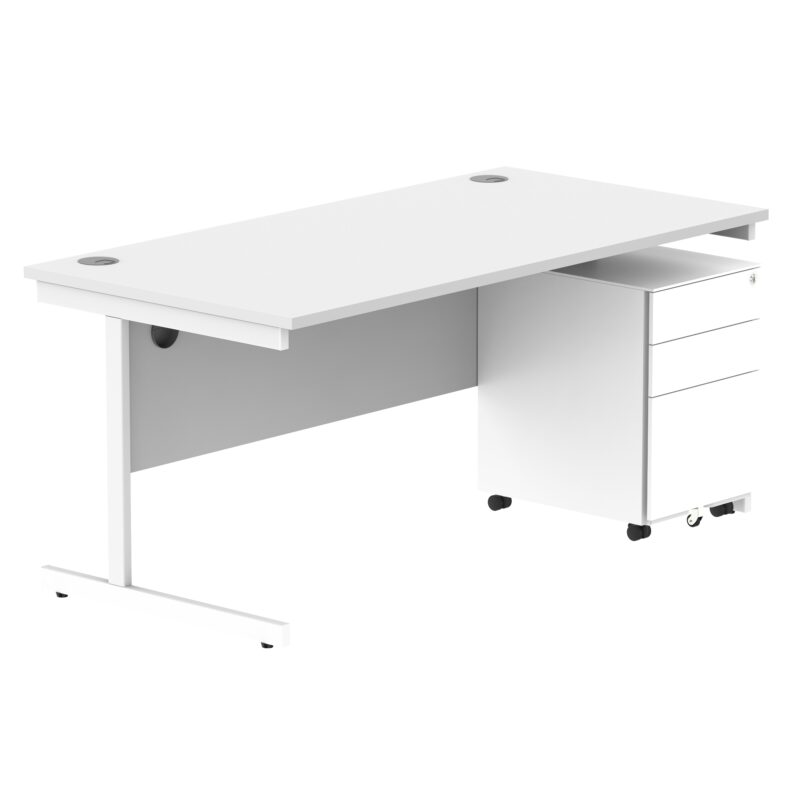 CORE Single Upright Rectangular Desk + Under Desk Steel Pedestal 3 Drawers | 1600 X 800 | Arctic White/White