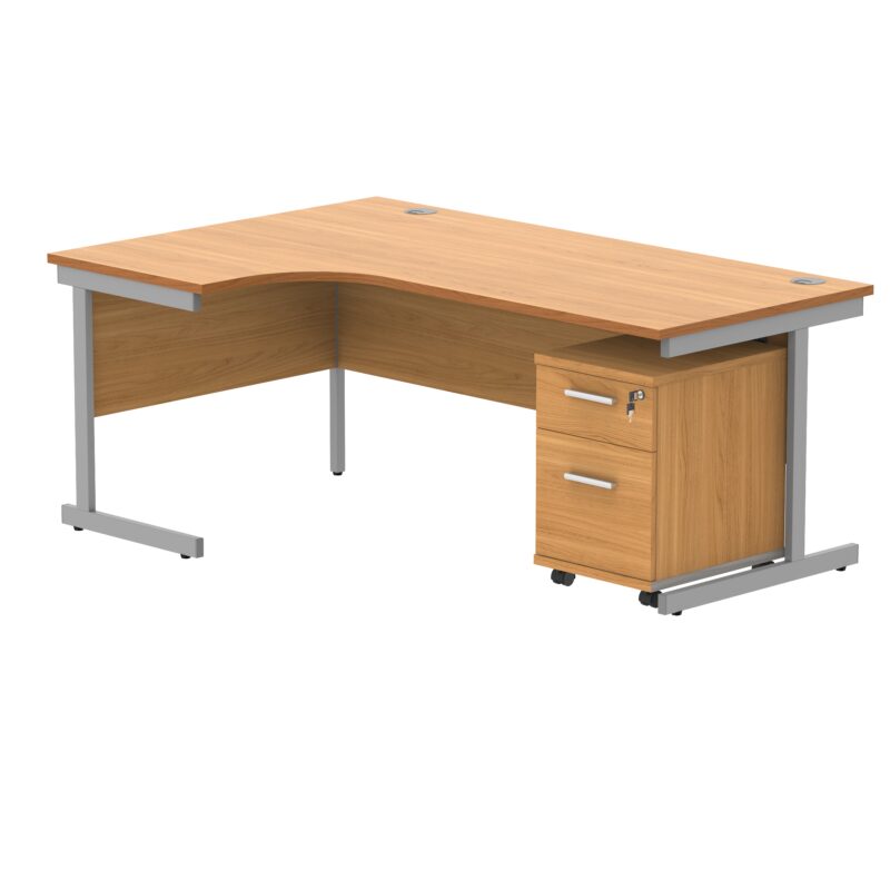 Single Upright Left Hand Radial Desk + 2 Drawer Mobile Under Desk Pedestal | 1800 X 1200 | Norwegian Beech/Silver