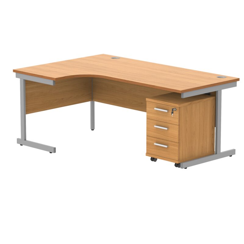 Single Upright Left Hand Radial Desk + 3 Drawer Mobile Under Desk Pedestal | 1800 X 1200 | Norwegian Beech/Silver