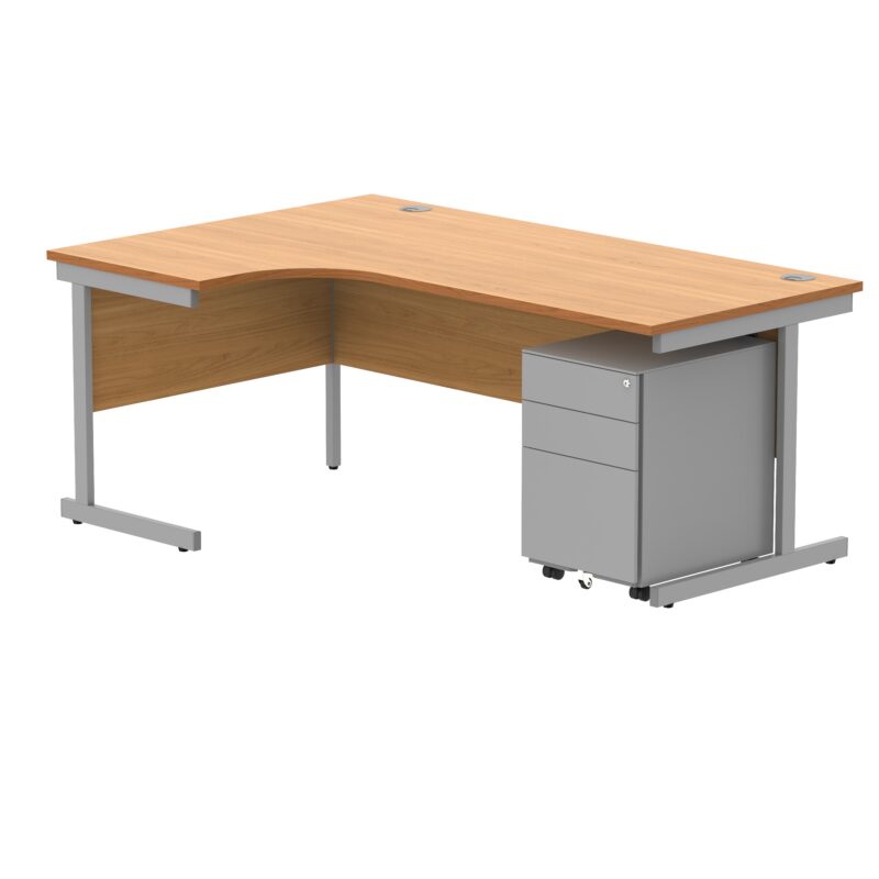 CORE Single Upright Left Hand Radial Desk + Under Desk Steel Pedestal 3 Drawers | 1800 X 1200 | Norwegian Beech/Silver