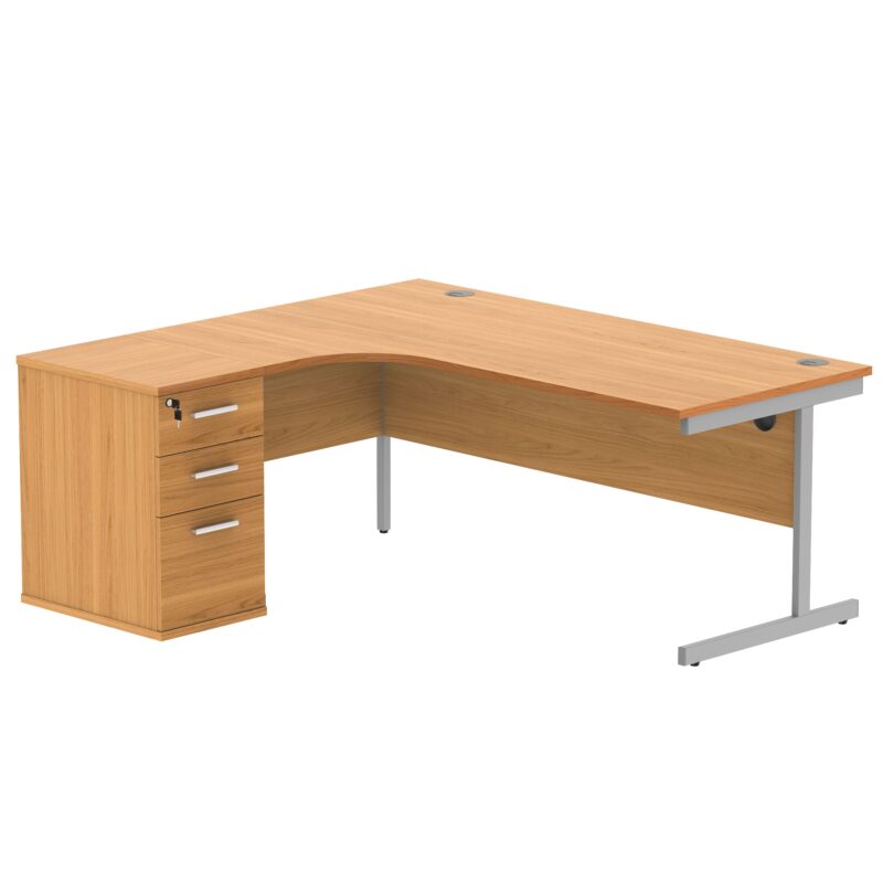 Single Upright Left Hand Radial Desk + Desk High Pedestal | 600mm Deep Pedestal | 1800 X 1200 | Norwegian Beech/Silver