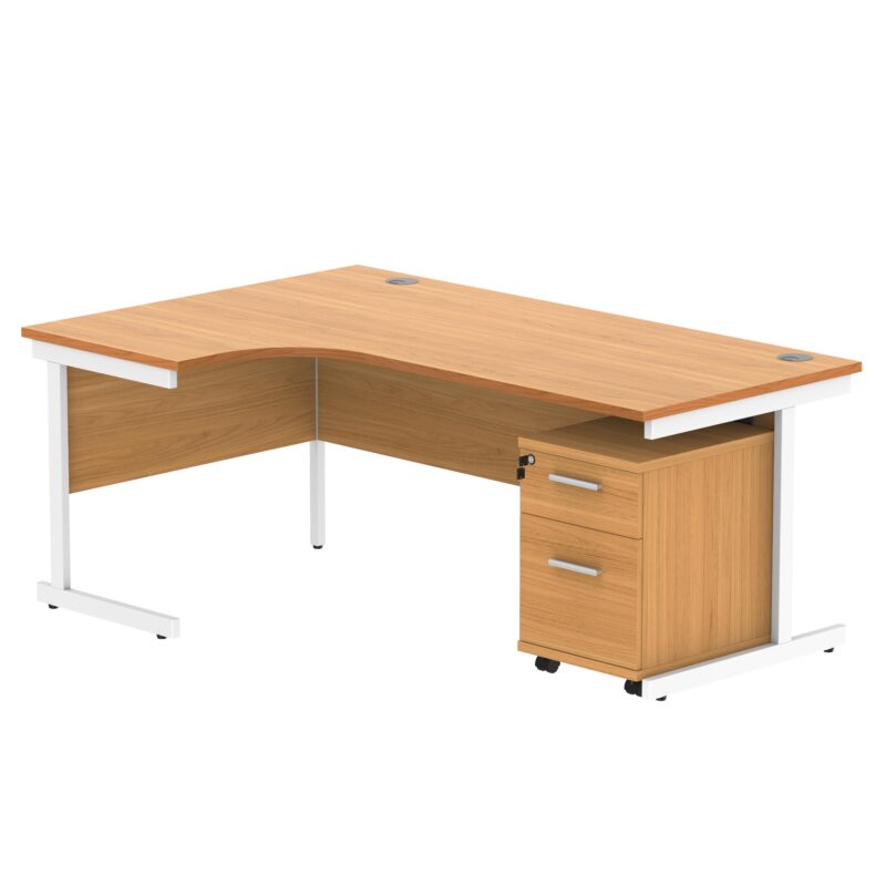 Single Upright Left Hand Radial Desk + 2 Drawer Mobile Under Desk Pedestal | 1800 X 1200 | Norwegian Beech/White