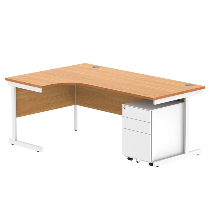 CORE Single Upright Left Hand Radial Desk + Under Desk Steel Pedestal 3 Drawers | 1800 X 1200 | Norwegian Beech/White