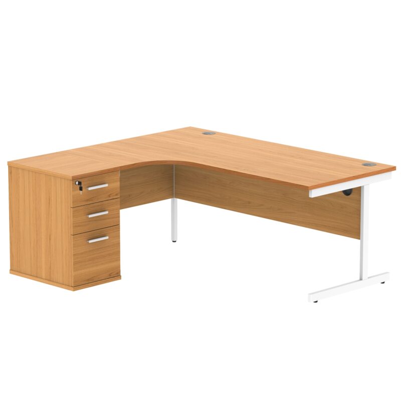 Single Upright Left Hand Radial Desk + Desk High Pedestal | 600mm Deep Pedestal | 1800 X 1200 | Norwegian Beech/White