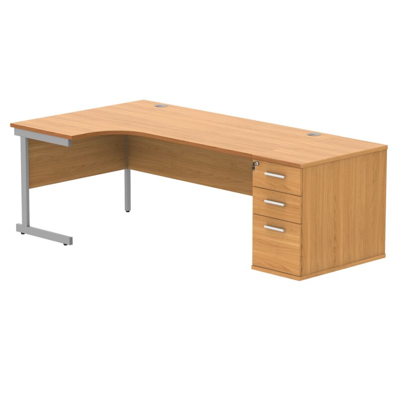 Single Upright Left Hand Radial Desk + Desk High Pedestal | 800mm Deep Pedestal | 1800 X 1200 | Norwegian Beech/Silver