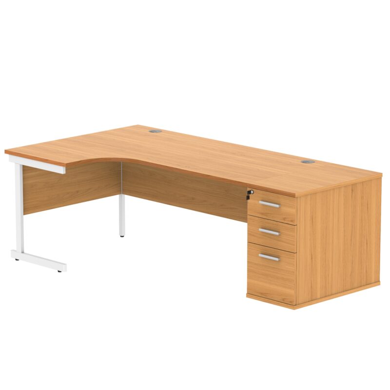 Single Upright Left Hand Radial Desk + Desk High Pedestal | 800mm Deep Pedestal | 1800 X 1200 | Norwegian Beech/White