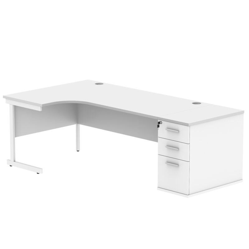 Single Upright Left Hand Radial Desk + Desk High Pedestal | 800mm Deep Pedestal | 1800 X 1200 | Arctic White/White