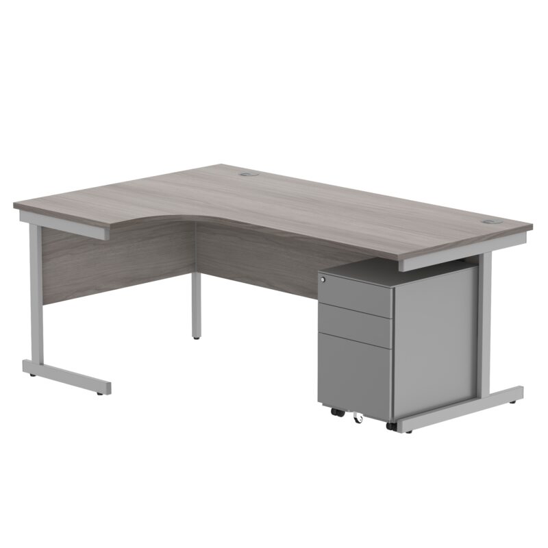 CORE Single Upright Left Hand Radial Desk + Under Desk Steel Pedestal 3 Drawers | 1800 X 1200 | Alaskan Grey Oak/Silver