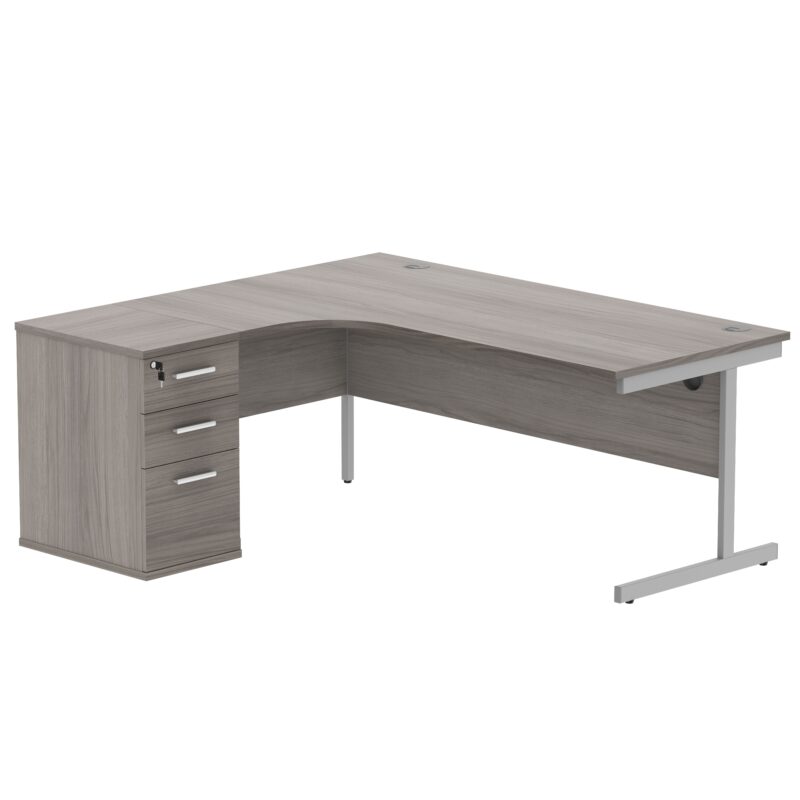 Single Upright Left Hand Radial Desk + Desk High Pedestal | 600mm Deep Pedestal | 1800 X 1200 | Alaskan Grey Oak/Silver