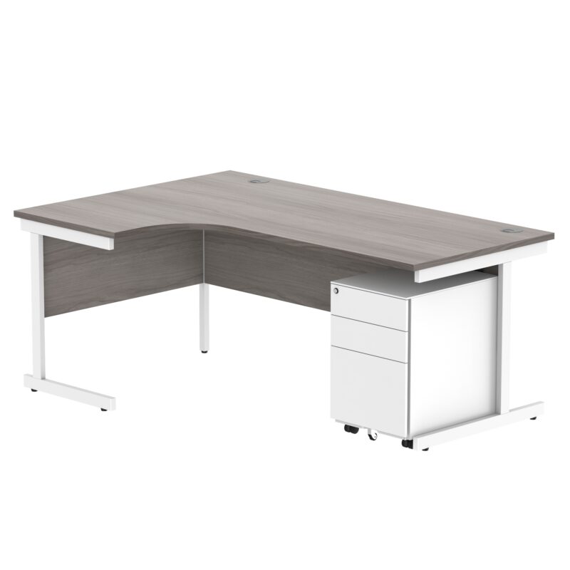 CORE Single Upright Left Hand Radial Desk + Under Desk Steel Pedestal 3 Drawers | 1800 X 1200 | Alaskan Grey Oak/White