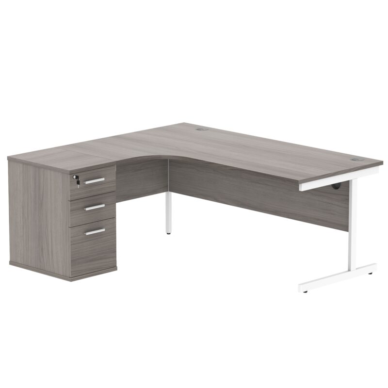 Single Upright Left Hand Radial Desk + Desk High Pedestal | 600mm Deep Pedestal | 1800 X 1200 | Alaskan Grey Oak/White