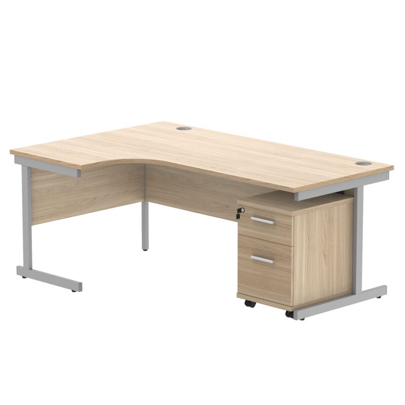 Single Upright Left Hand Radial Desk + 2 Drawer Mobile Under Desk Pedestal | 1800 X 1200 | Canadian Oak/Silver