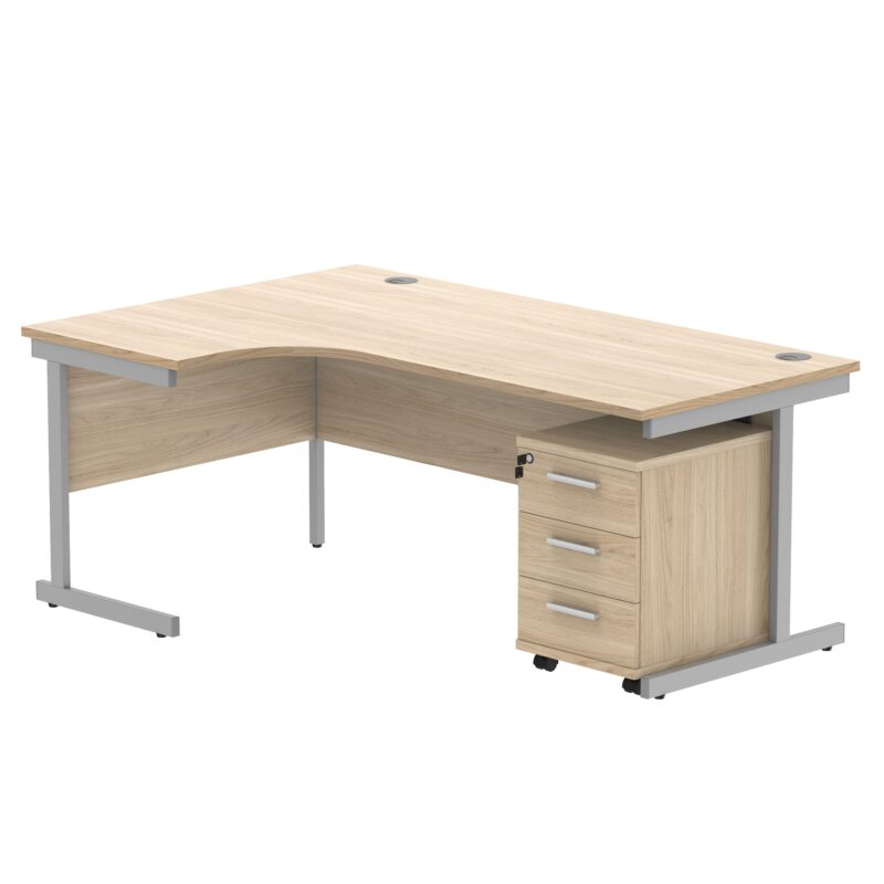 Single Upright Left Hand Radial Desk + 3 Drawer Mobile Under Desk Pedestal | 1800 X 1200 | Canadian Oak/Silver