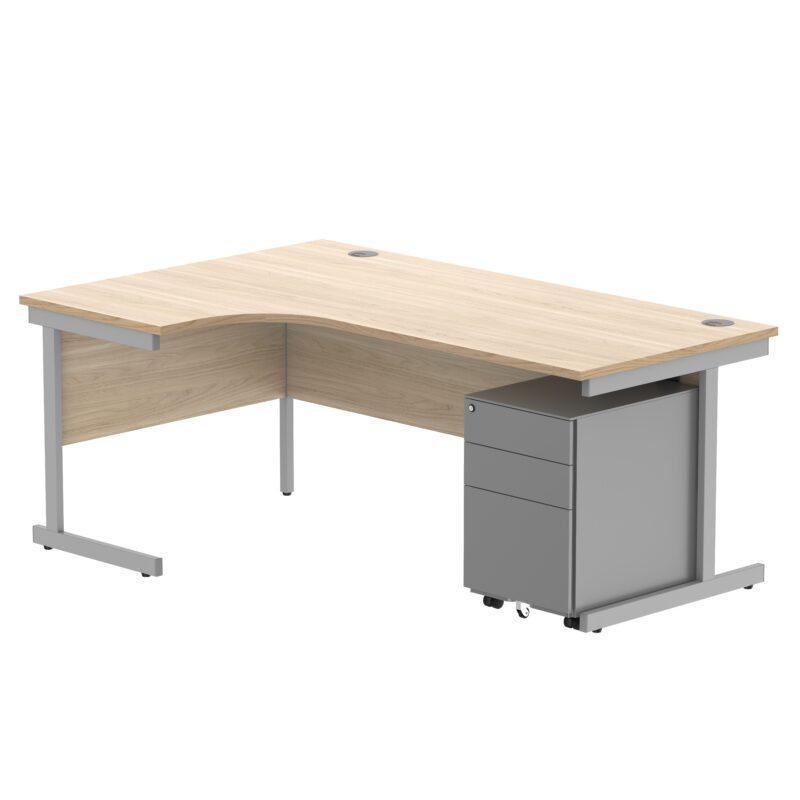 CORE Single Upright Left Hand Radial Desk + Under Desk Steel Pedestal 3 Drawers | 1800 X 1200 | Canadian Oak/Silver