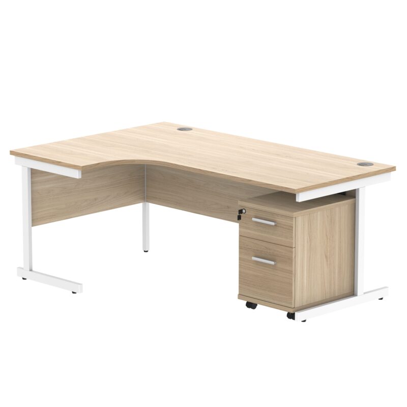 Single Upright Left Hand Radial Desk + 2 Drawer Mobile Under Desk Pedestal | 1800 X 1200 | Canadian Oak/White