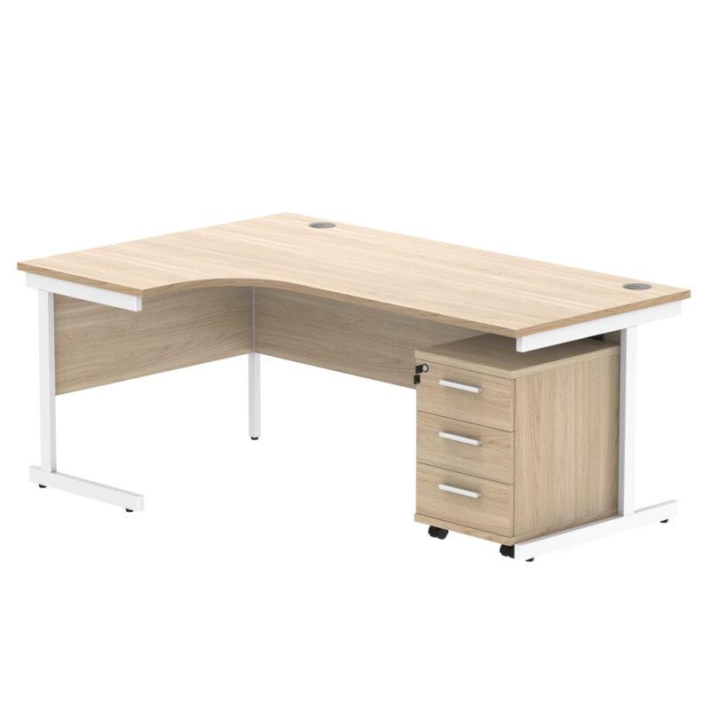 Single Upright Left Hand Radial Desk + 3 Drawer Mobile Under Desk Pedestal | 1800 X 1200 | Canadian Oak/White