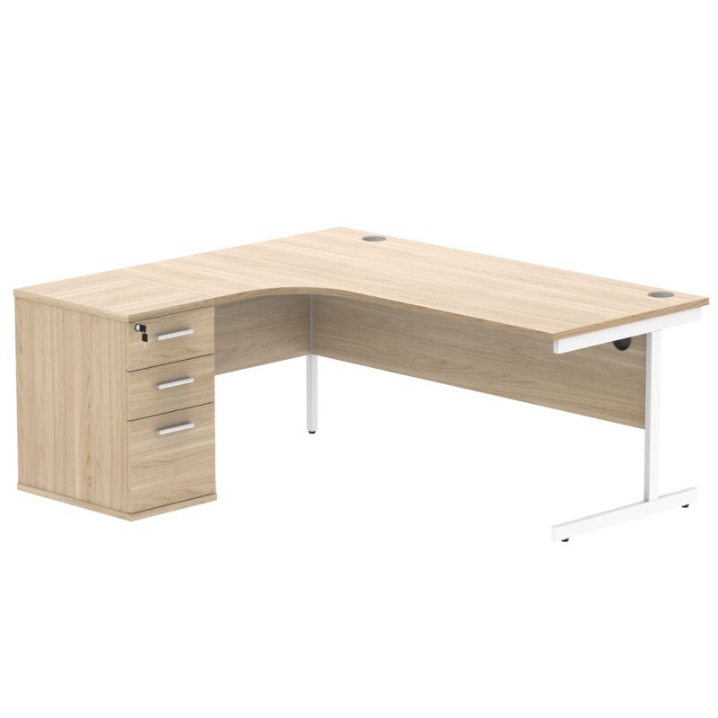 Single Upright Left Hand Radial Desk + Desk High Pedestal | 600mm Deep Pedestal | 1800 X 1200 | Canadian Oak/White