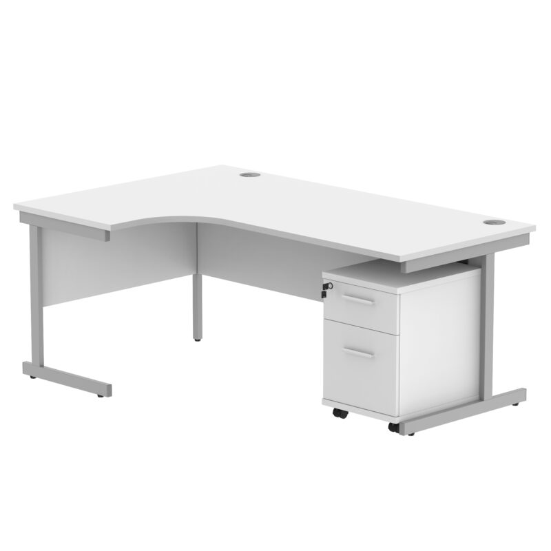 Single Upright Left Hand Radial Desk + 2 Drawer Mobile Under Desk Pedestal | 1800 X 1200 | Arctic White/Silver