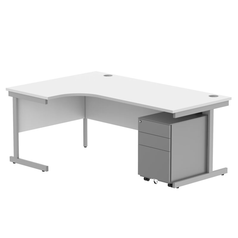 CORE Single Upright Left Hand Radial Desk + Under Desk Steel Pedestal 3 Drawers | 1800 X 1200 | Arctic White/Silver