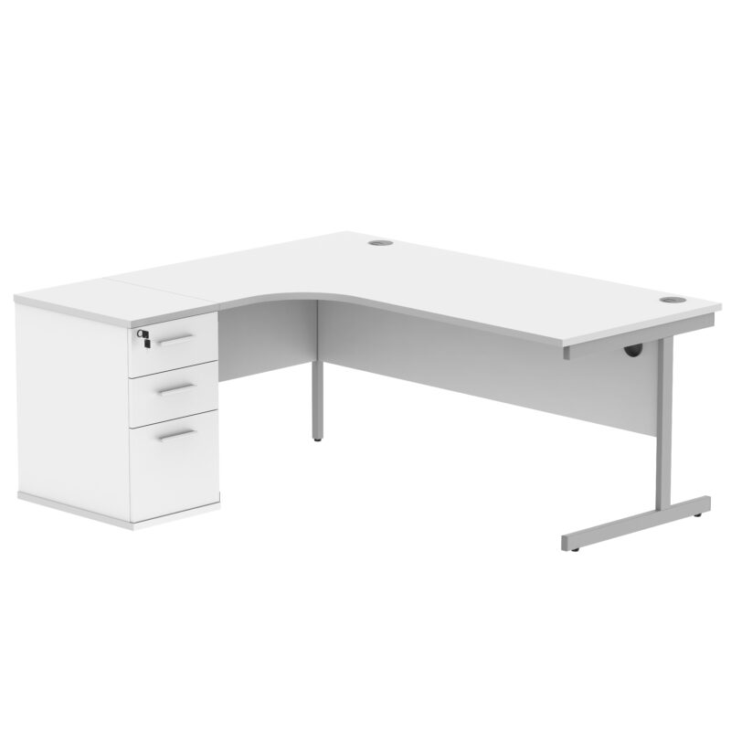 Single Upright Left Hand Radial Desk + Desk High Pedestal | 600mm Deep Pedestal | 1800 X 1200 | Arctic White/Silver