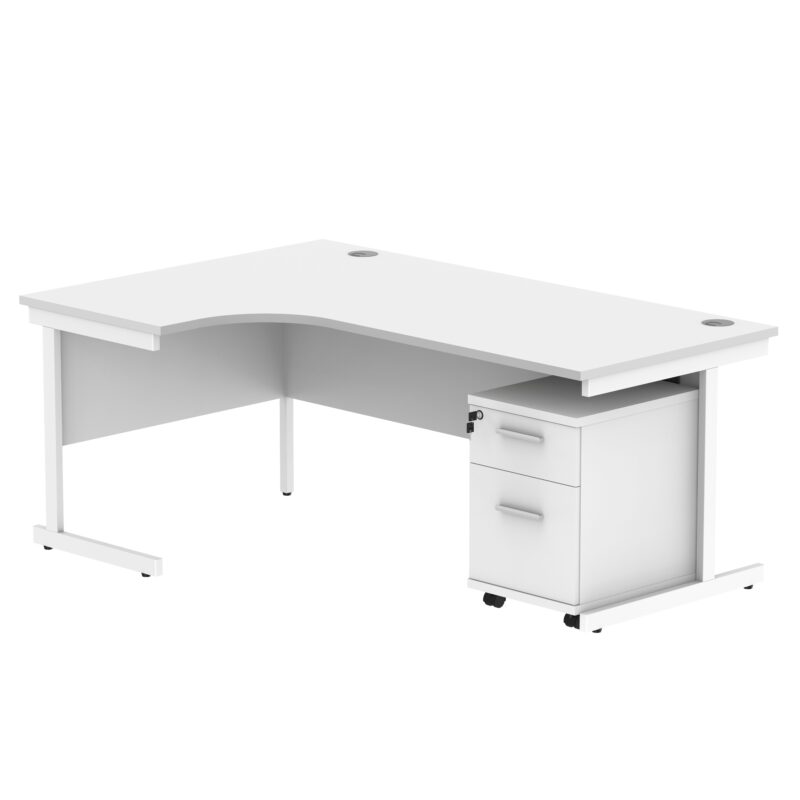 Single Upright Left Hand Radial Desk + 2 Drawer Mobile Under Desk Pedestal | 1800 X 1200 | Arctic White/White