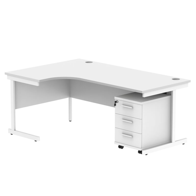 Single Upright Left Hand Radial Desk + 3 Drawer Mobile Under Desk Pedestal | 1800 X 1200 | Arctic White/White