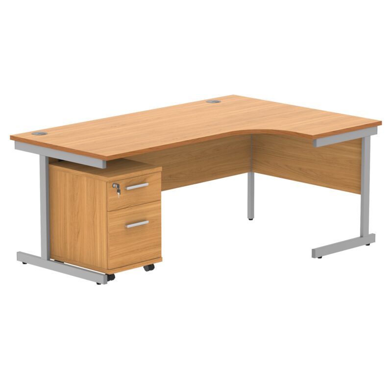 Single Upright Right Hand Radial Desk + 2 Drawer Mobile Under Desk Pedestal | 1800 X 1200 | Norwegian Beech/Silver