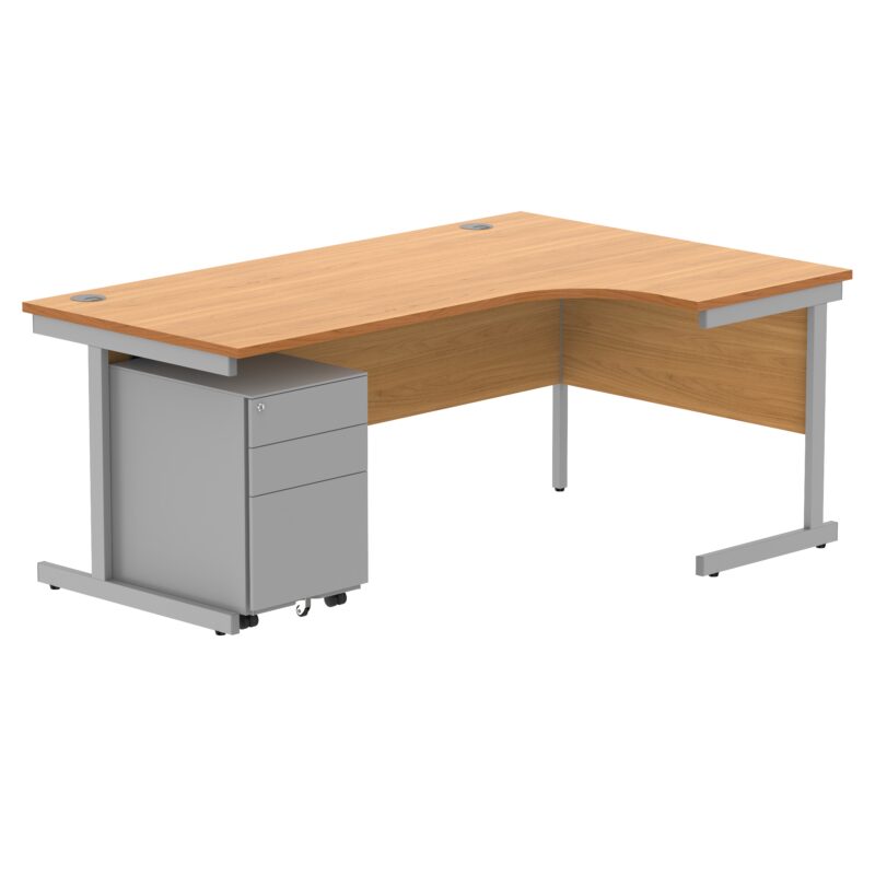 CORE Single Upright Right Hand Radial Desk + Under Desk Steel Pedestal 3 Drawers | 1800 X 1200 | Norwegian Beech/Silver