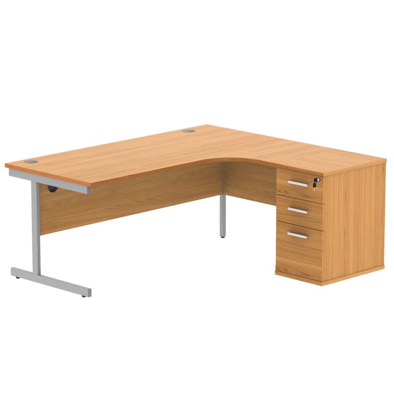 Single Upright Right Hand Radial Desk + Desk High Pedestal | 600mm Deep Pedestal | 1800 X 1200 | Norwegian Beech/Silver