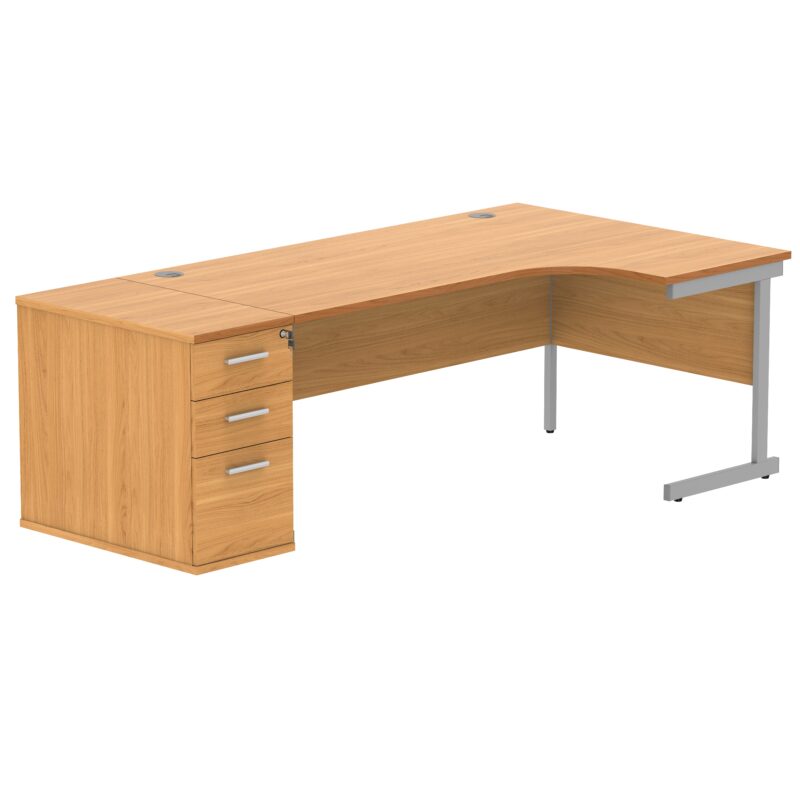 Single Upright Right Hand Radial Desk + Desk High Pedestal | 800mm Deep Pedestal | 1800 X 1200 | Norwegian Beech/Silver