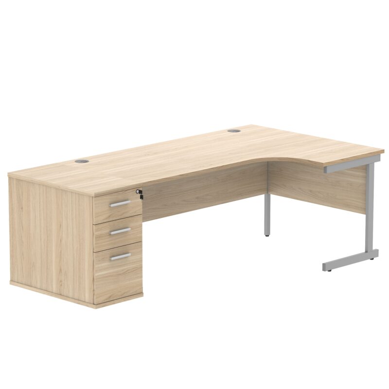 Single Upright Right Hand Radial Desk + Desk High Pedestal | 800mm Deep Pedestal | 1800 X 1200 | Canadian Oak/Silver