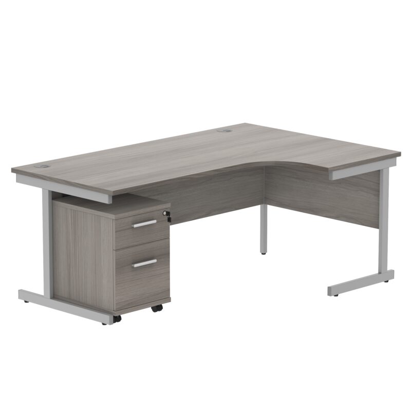 Single Upright Right Hand Radial Desk + 2 Drawer Mobile Under Desk Pedestal | 1800 X 1200 | Alaskan Grey Oak/Silver