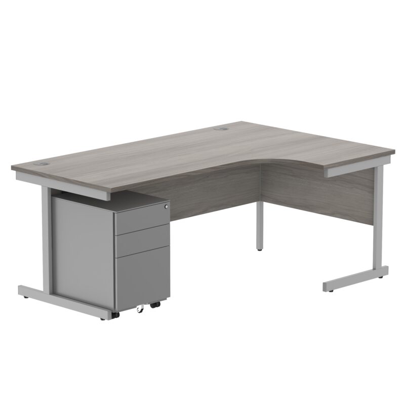 CORE Single Upright Right Hand Radial Desk + Under Desk Steel Pedestal 3 Drawers | 1800 X 1200 | Alaskan Grey Oak/Silver