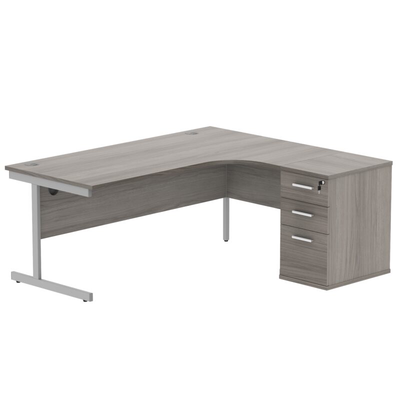 Single Upright Right Hand Radial Desk + Desk High Pedestal | 600mm Deep Pedestal | 1800 X 1200 | Alaskan Grey Oak/Silver