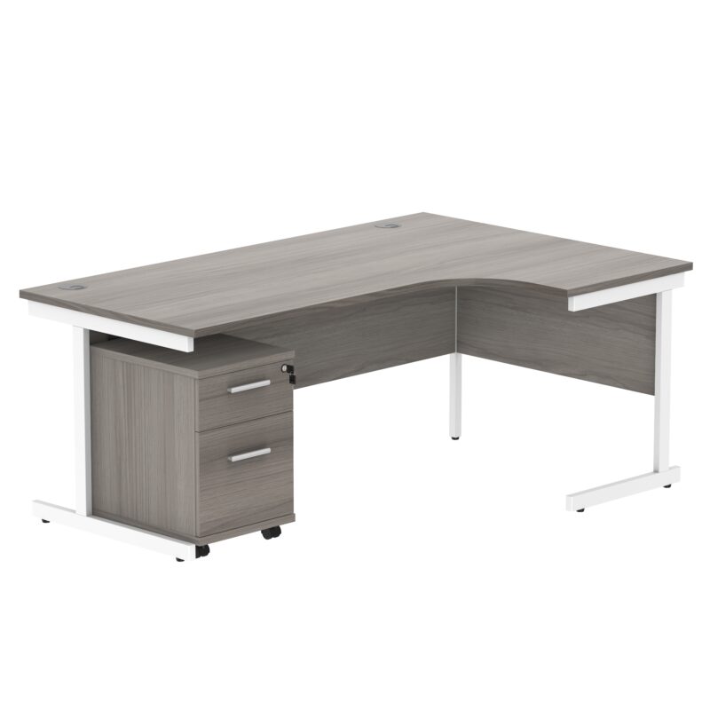 Single Upright Right Hand Radial Desk + 2 Drawer Mobile Under Desk Pedestal | 1800 X 1200 | Alaskan Grey Oak/White