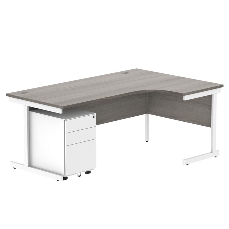 CORE Single Upright Right Hand Radial Desk + Under Desk Steel Pedestal 3 Drawers | 1800 X 1200 | Alaskan Grey Oak/White