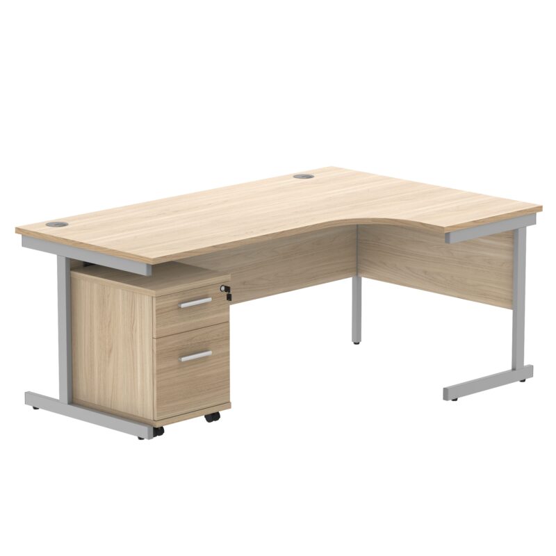 Single Upright Right Hand Radial Desk + 2 Drawer Mobile Under Desk Pedestal | 1800 X 1200 | Canadian Oak/Silver