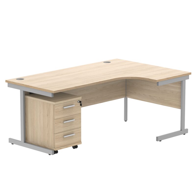 Single Upright Right Hand Radial Desk + 3 Drawer Mobile Under Desk Pedestal | 1800 X 1200 | Canadian Oak/Silver