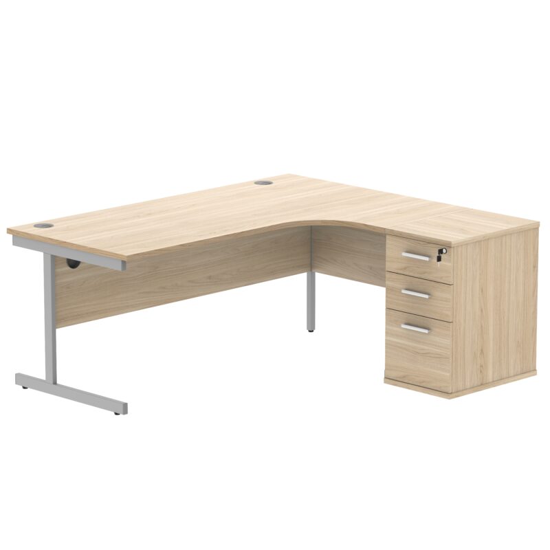 Single Upright Right Hand Radial Desk + Desk High Pedestal | 600mm Deep Pedestal | 1800 X 1200 | Canadian Oak/Silver