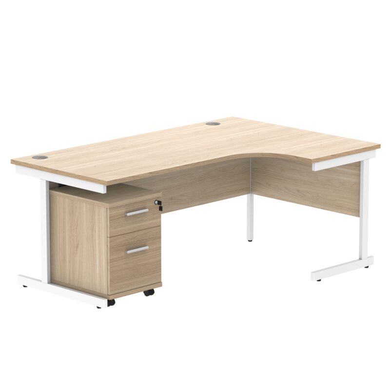 Single Upright Right Hand Radial Desk + 2 Drawer Mobile Under Desk Pedestal | 1800 X 1200 | Canadian Oak/White