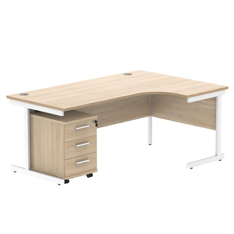 Single Upright Right Hand Radial Desk + 3 Drawer Mobile Under Desk Pedestal | 1800 X 1200 | Canadian Oak/White