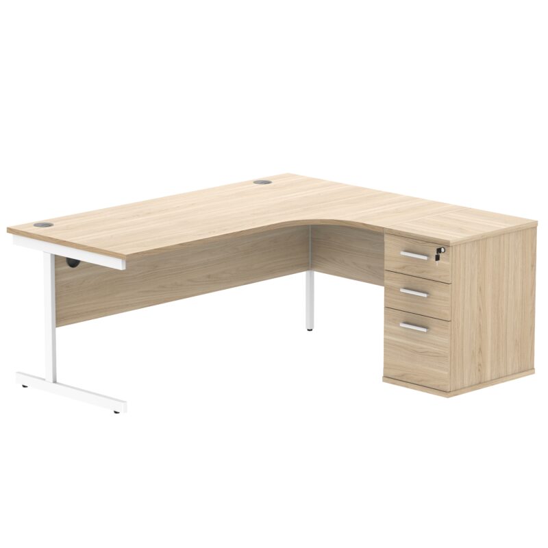 Single Upright Right Hand Radial Desk + Desk High Pedestal | 600mm Deep Pedestal | 1800 X 1200 | Canadian Oak/White