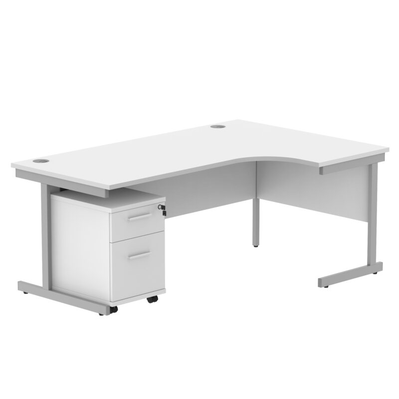 Single Upright Right Hand Radial Desk + 2 Drawer Mobile Under Desk Pedestal | 1800 X 1200 | Arctic White/Silver