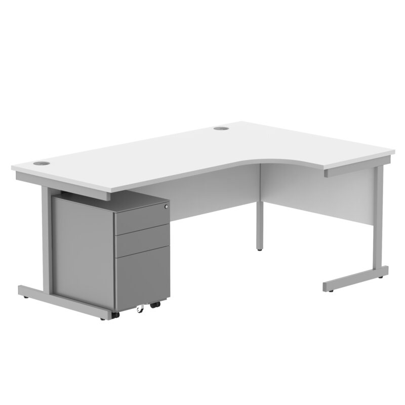 CORE Single Upright Right Hand Radial Desk + Under Desk Steel Pedestal 3 Drawers | 1800 X 1200 | Arctic White/Silver