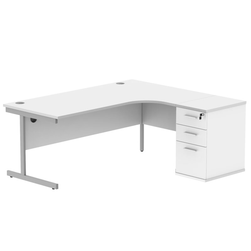 Single Upright Right Hand Radial Desk + Desk High Pedestal | 600mm Deep Pedestal | 1800 X 1200 | Arctic White/Silver